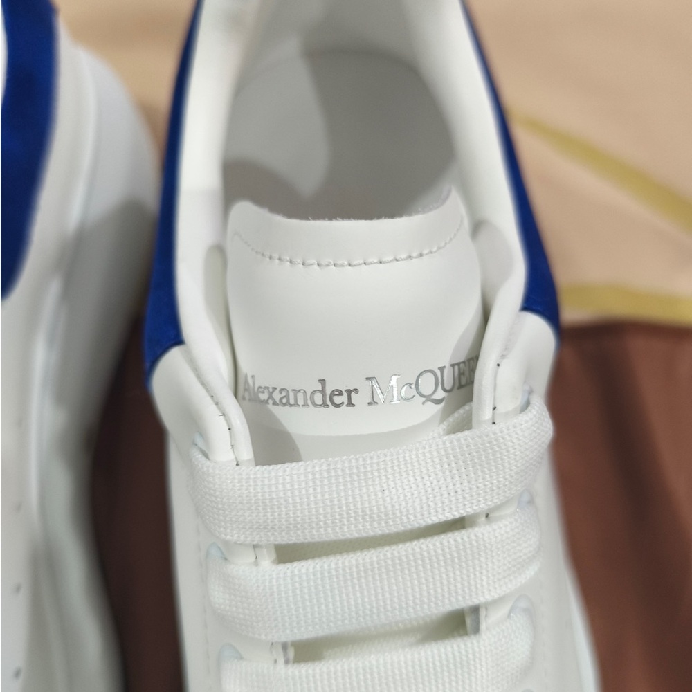 Alexander McQueen White Leather Sneakers with Blue Heel Tab - Picture 2 of 8
